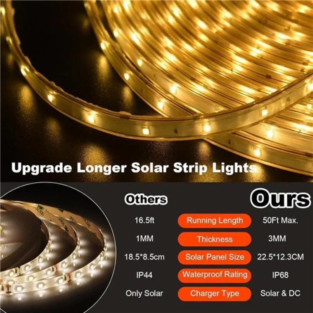 50Ft Solar Strip Lights Outdoor,Waterproof LED Light Strip Auto On/Off